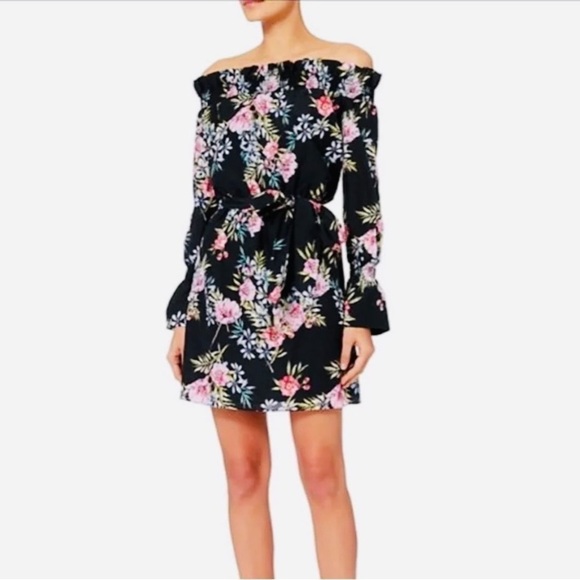 Intermix Black Floral Print Off the Shoulder Belted Mini Dress Size M - Picture 1 of 11